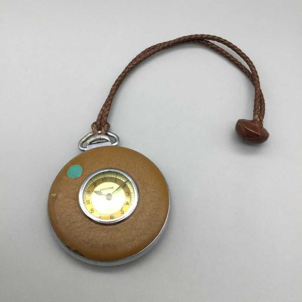 Vintage Ingraham The E Pocket Watch Leather 50mm Monogram AWB Manual Wind